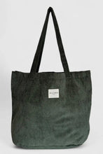Load image into Gallery viewer, Green corduroy tote bag with a visible brand label on a light gray background