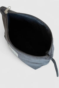 Gray textured zippered pouch on a light gray background
