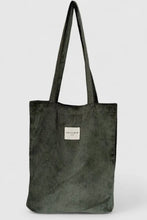 Load image into Gallery viewer, Green corduroy tote bag with a visible brand label on a white background