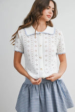 Load image into Gallery viewer, Young girl wearing a white lace top and blue plaid skirt on a plain background