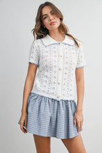 Load image into Gallery viewer, Woman wearing a white lace top and blue checkered skirt on a plain background