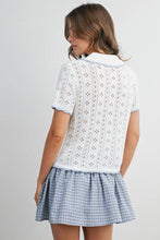 Load image into Gallery viewer, Woman wearing a white lace top and blue checkered skirt on a plain background