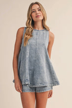 Load image into Gallery viewer, Woman wearing a denim dress and shorts on a beige background