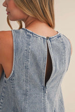 Load image into Gallery viewer, Denim dress with a cutout back detail on a neutral background