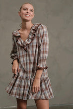 Load image into Gallery viewer, Woman wearing a plaid dress with ruffled details against a plain background