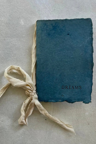 Blue notebook with 'DREAMS' on the cover, tied with a beige ribbon on a gray surface