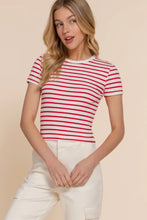 Load image into Gallery viewer, Woman wearing a red and white striped shirt against a beige background