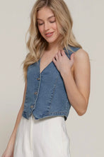 Load image into Gallery viewer, Woman wearing a denim vest over a white top against a plain background