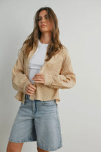 Load image into Gallery viewer, Woman wearing a beige striped shirt over a white top and denim shorts on a plain background