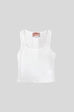 Load image into Gallery viewer, White tank top with a brand logo on a light gray background