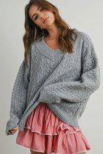 Load image into Gallery viewer, Woman wearing a gray cable knit sweater and red checkered skirt on a plain background