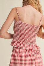 Load image into Gallery viewer, Red and white checkered dress with ruffled layers on a neutral background