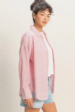 Load image into Gallery viewer, Woman wearing a pink striped shirt over a white top with denim shorts on a plain background