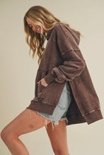 Load image into Gallery viewer, Woman wearing a brown hoodie and denim shorts on a plain background