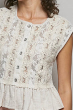 Load image into Gallery viewer, White lace top with buttons on a plain background