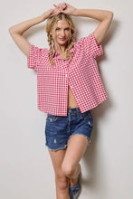 Load image into Gallery viewer, Woman wearing a red and white checkered shirt and denim shorts against a plain background