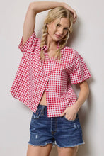 Load image into Gallery viewer, Woman wearing a red and white checkered shirt and denim shorts against a plain background