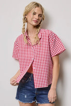 Load image into Gallery viewer, Woman wearing a red and white checkered shirt and denim shorts against a plain background