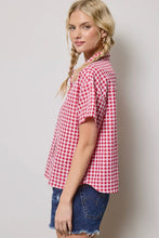 Load image into Gallery viewer, Woman wearing a red and white checkered shirt against a plain background