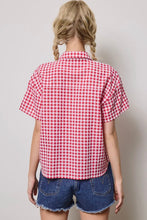 Load image into Gallery viewer, Person wearing a red and white checkered shirt and denim shorts against a plain background
