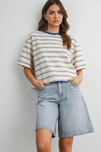 Load image into Gallery viewer, Woman wearing a striped shirt and denim shorts against a plain background