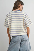 Load image into Gallery viewer, Person wearing a striped t-shirt and denim shorts on a plain background