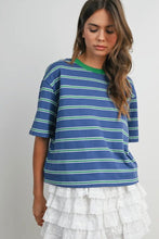 Load image into Gallery viewer, Woman wearing a blue and green striped shirt with a white ruffled skirt on a plain background