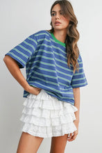 Load image into Gallery viewer, Woman wearing a blue and green striped shirt with a white ruffled skirt on a gray background