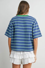 Load image into Gallery viewer, Person wearing a blue and green striped shirt with white ruffled shorts on a gray background