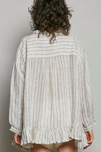 Load image into Gallery viewer, Person wearing a white and gray striped shirt with a plain background