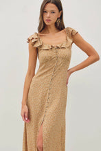 Load image into Gallery viewer, Woman wearing a gold floral dress with ruffled shoulders on a white background