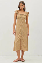 Load image into Gallery viewer, Woman wearing a beige floral dress with ruffled shoulders on a white background
