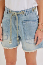 Load image into Gallery viewer, Light blue denim shorts with drawstring waistband on a white background