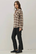 Load image into Gallery viewer, Woman wearing a plaid shirt and black pants on a white background
