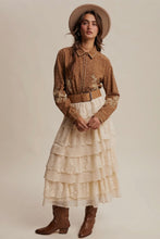 Load image into Gallery viewer, Woman wearing a vintage-style outfit with a brown blouse, beige skirt, and hat on a plain background
