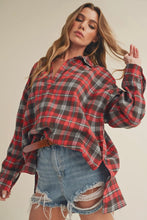 Load image into Gallery viewer, Woman wearing a red and black plaid shirt over a denim outfit on a plain background