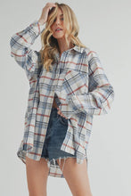 Load image into Gallery viewer, Woman wearing a plaid shirt and denim shorts on a plain background