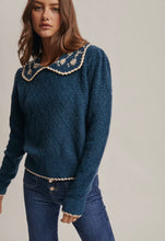 Load image into Gallery viewer, Woman wearing a blue sweater with lace details on a plain background