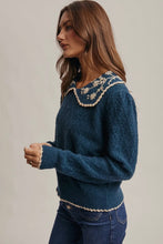Load image into Gallery viewer, Woman wearing a blue sweater with white lace details on a plain background