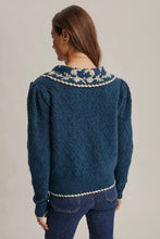 Load image into Gallery viewer, Person wearing a blue knitted sweater with decorative neckline on a plain background