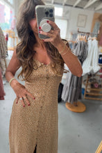 Load image into Gallery viewer, Woman taking a mirror selfie wearing a gold dress in a store.