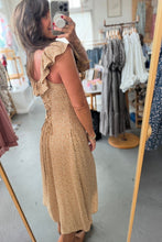 Load image into Gallery viewer, Woman taking a mirror selfie wearing a gold dress in a clothing store.