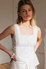 Load image into Gallery viewer, Woman wearing a white sleeveless top with lace details in a neutral setting