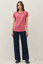Load image into Gallery viewer, Woman wearing a pink t-shirt and navy pants on a white background