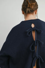 Load image into Gallery viewer, Navy blue sweater with cut-out back design worn by a person on a plain background