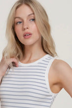 Load image into Gallery viewer, Woman wearing a white and gray striped tank top against a plain background